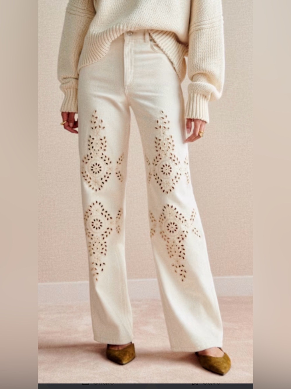 NWT Sezane  Ivy Embroidered Wide Leg Trouser Ecru Size FR 34/US 2